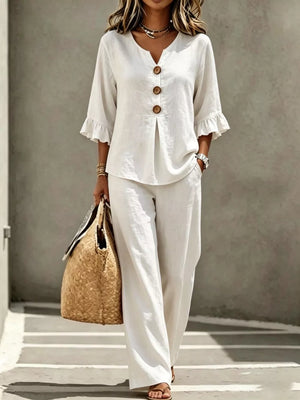White Decor Button Ruffled Top & Wide-leg Pants Set Plus Size