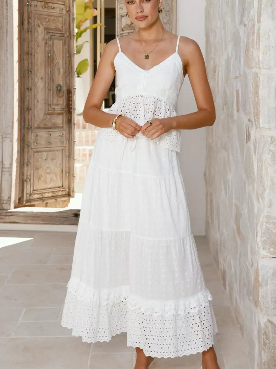 White eyelet lace cami set with tiered maxi skirt and ruffled hem.