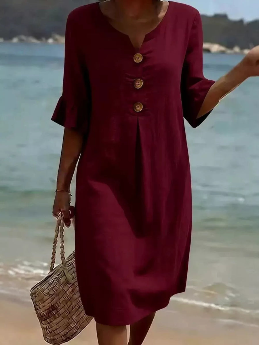 Black Full Size Casual Button Midi Dress With Ruffle Sleeves