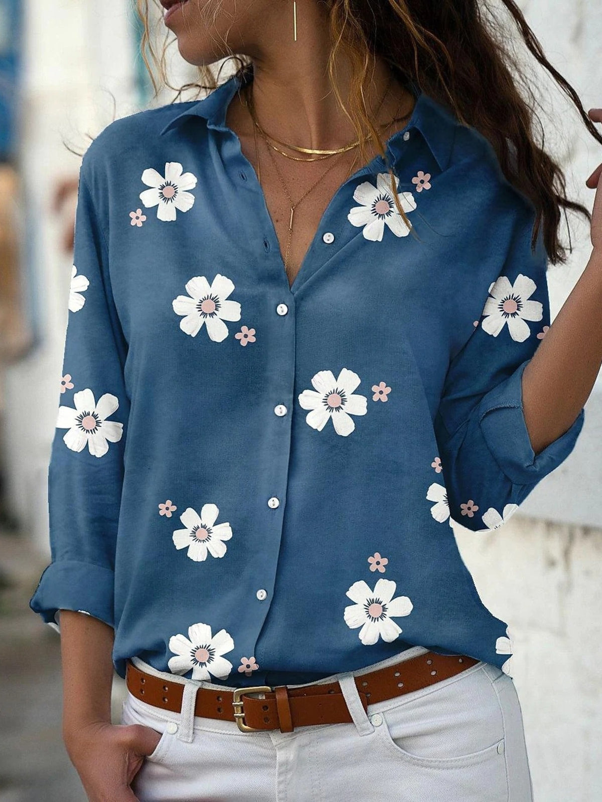 denim blue button-down shirt with floral and collared