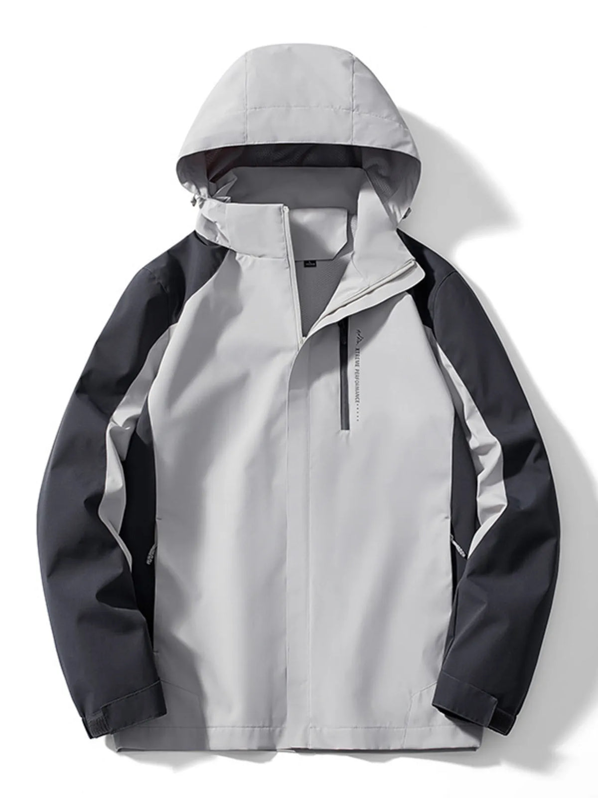 Men's gray and black two-tone waterproof hooded jacket with zip closure