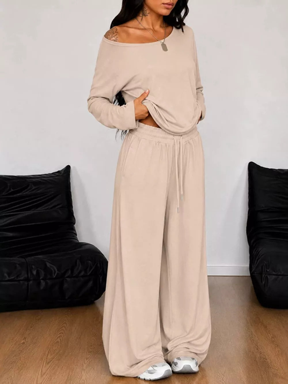 One-shoulder Top And Drawstring Pants Set Plus Size in Dark Gray