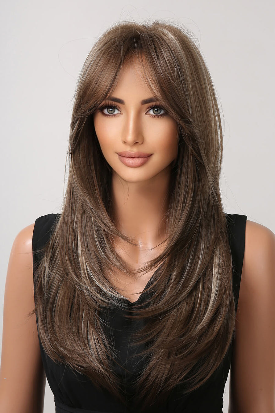 Layered brown blonde highlight synthetic wig with bangs