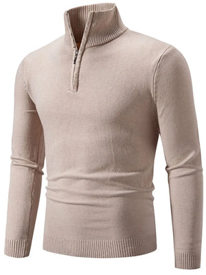 Slim fit quarter zip sweater in caramel with ribbed collar and cuffs.