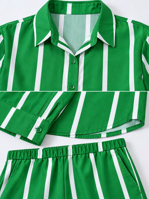 white two-piece set with full-length and button-front
