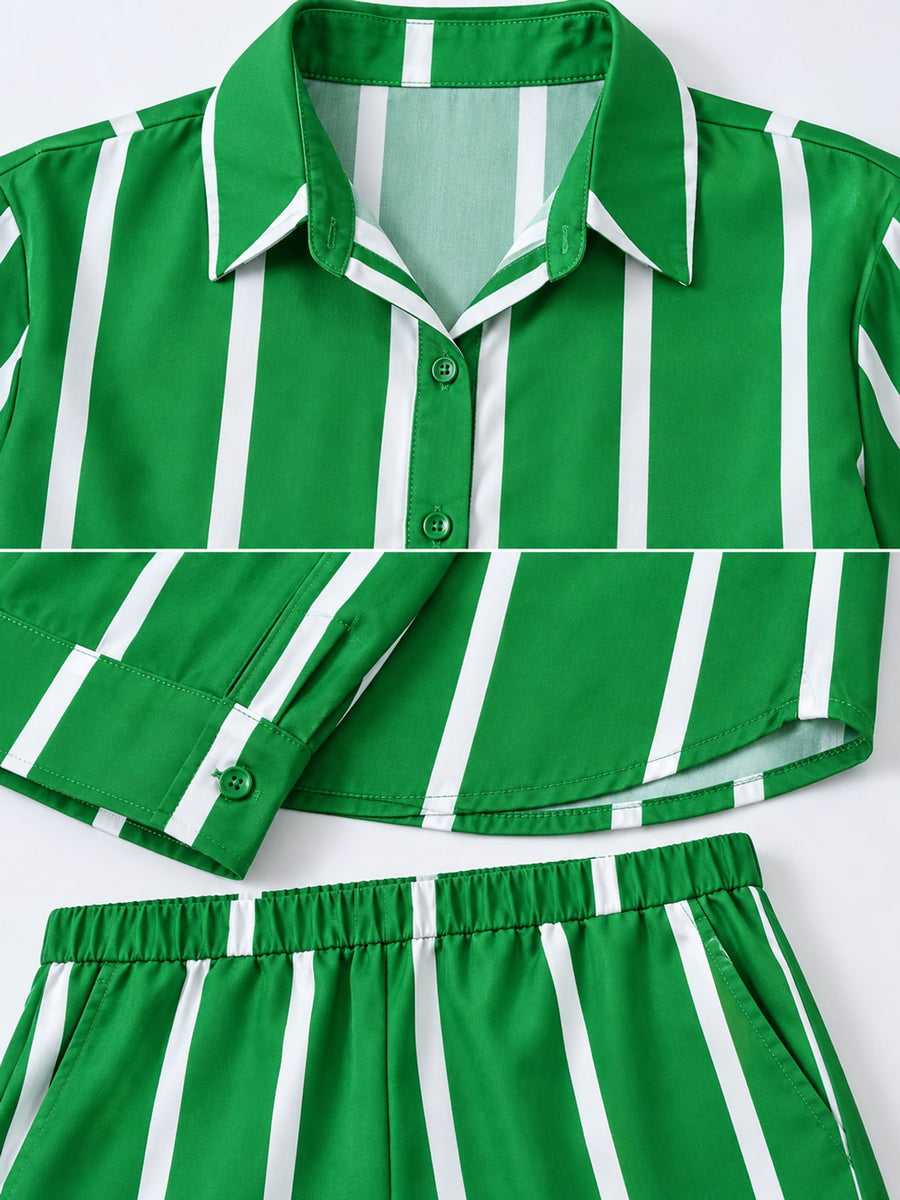 white two-piece set with full-length and button-front