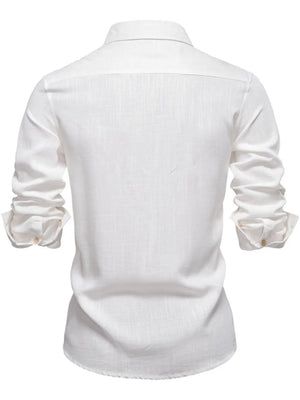 White linen casual shirt with buttoned cuffs and collar