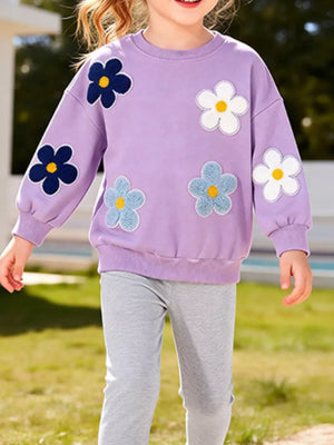 lavender sweatshirt and leggings set with floral and crew neck