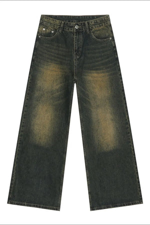 Faded wash balloon leg jeans in a dark, muddy denim color with a distressed look.