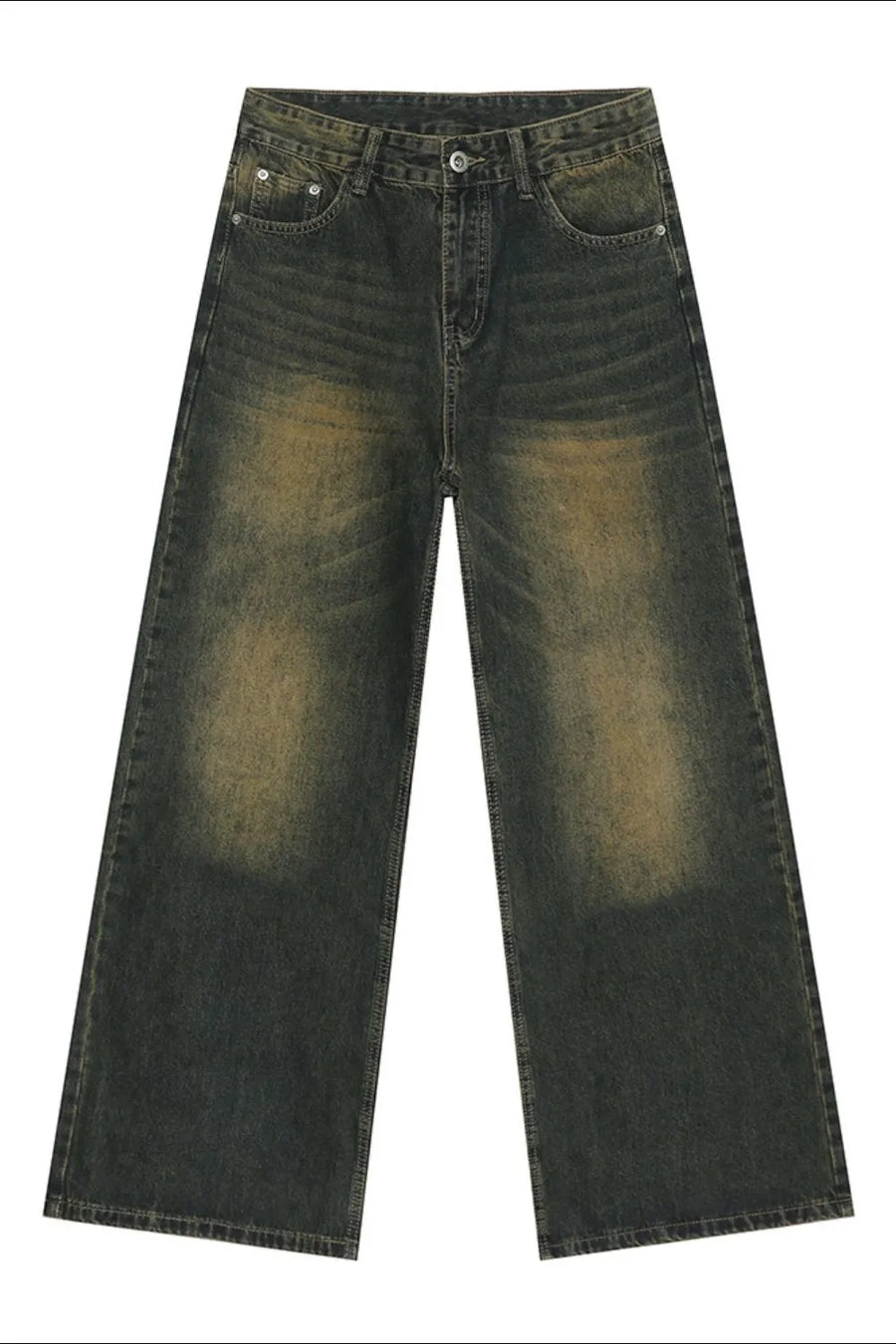 Faded wash balloon leg jeans in a dark, muddy denim color with a distressed look.