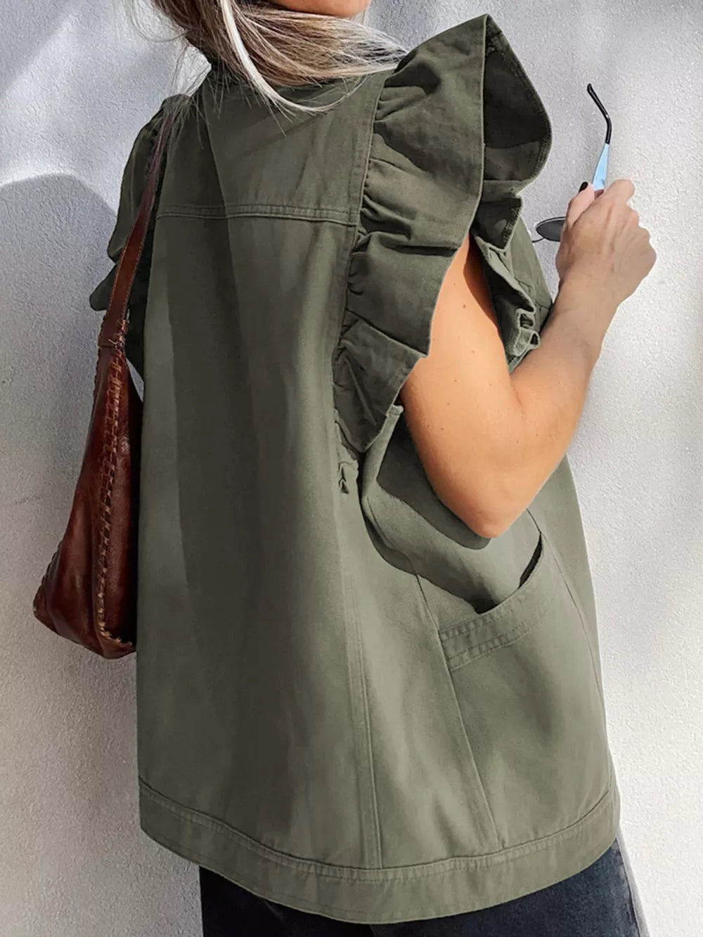 Olive green cotton ruffled denim vest with button closure and pockets