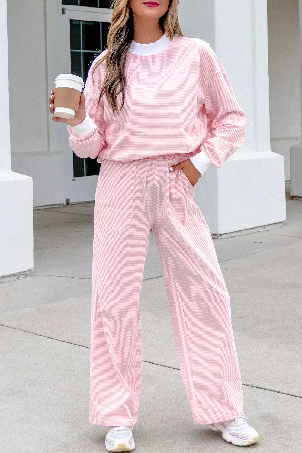 Blush Pink Striped Long Sleeve Top And Pants Set
