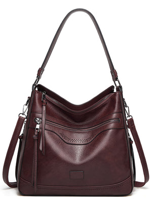 Multi-Pockets Medium PU Leather Handbag Tote Bag in black with pocketed