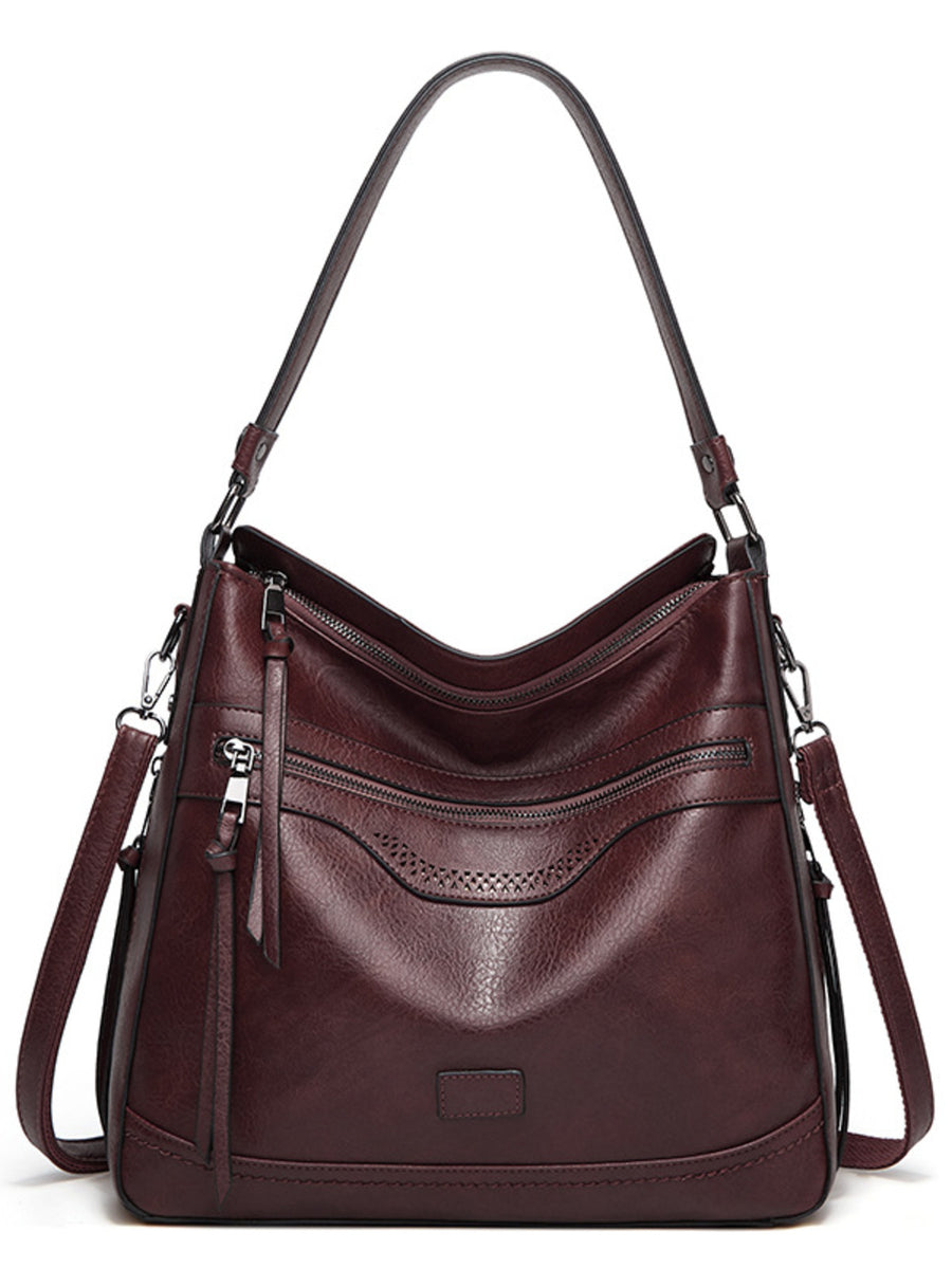 Multi-Pockets Medium PU Leather Handbag Tote Bag in black with pocketed