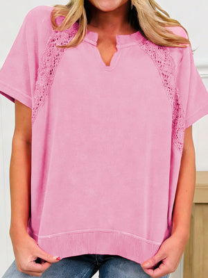 Pink mineral wash cotton tee with notched neck and lace shoulder details
