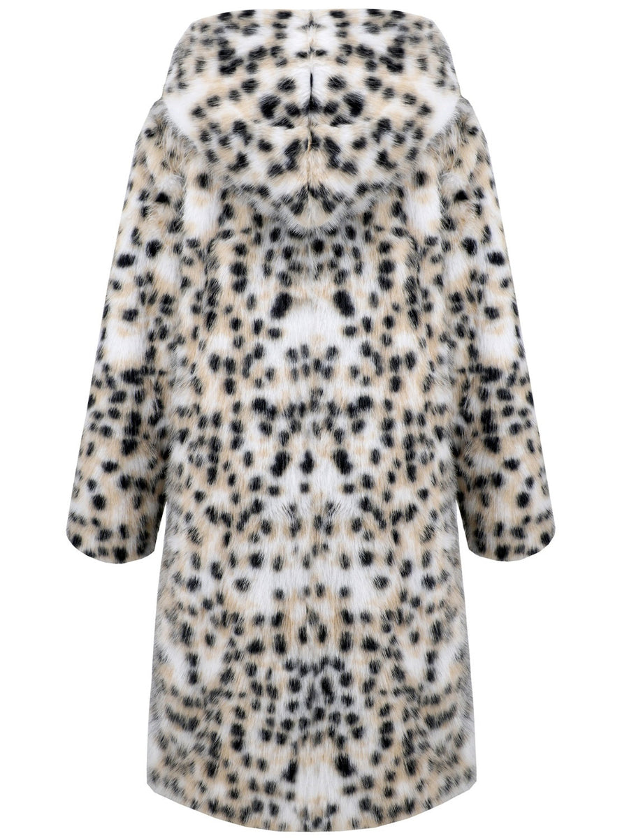 White leopard print faux fur maxi coat with hood