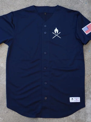Navy baseball jersey with graphic Spartan helmet and crossed spears, US flag patch.