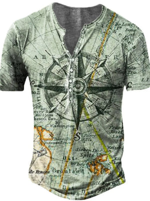 Men's vintage-inspired buttoned henley t-shirt in light gray with a map and compass print.