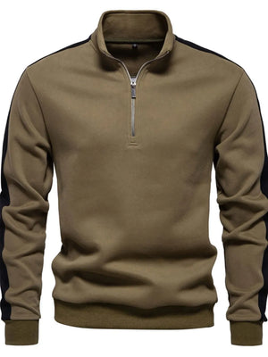 Quarter-zip sweatshirt in taupe with black side panels and a stand-up collar.