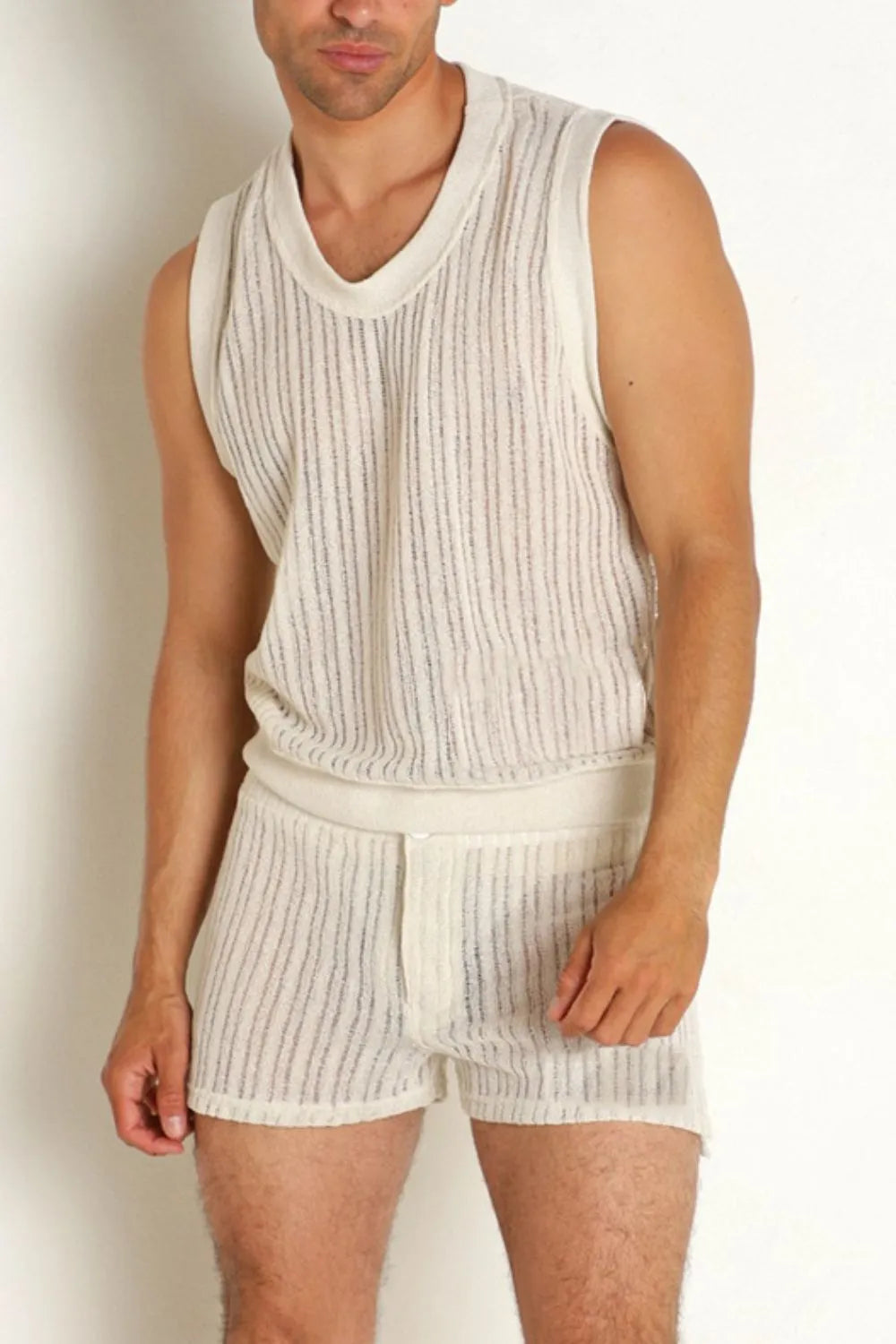 Textured knit tank and shorts set in ivory with vertical stripe detail.