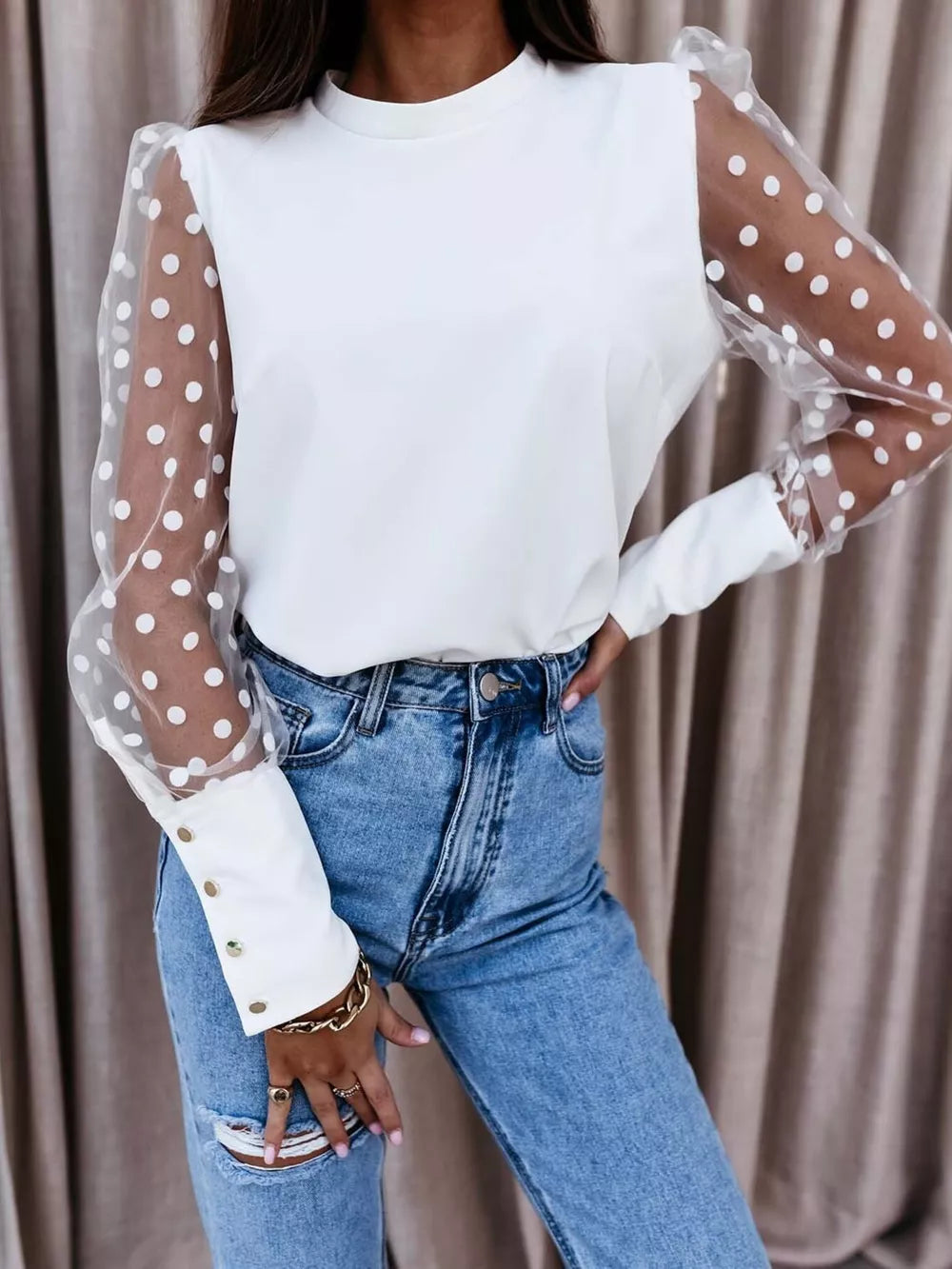 Black Sheer Polka Dot Sleeve Top