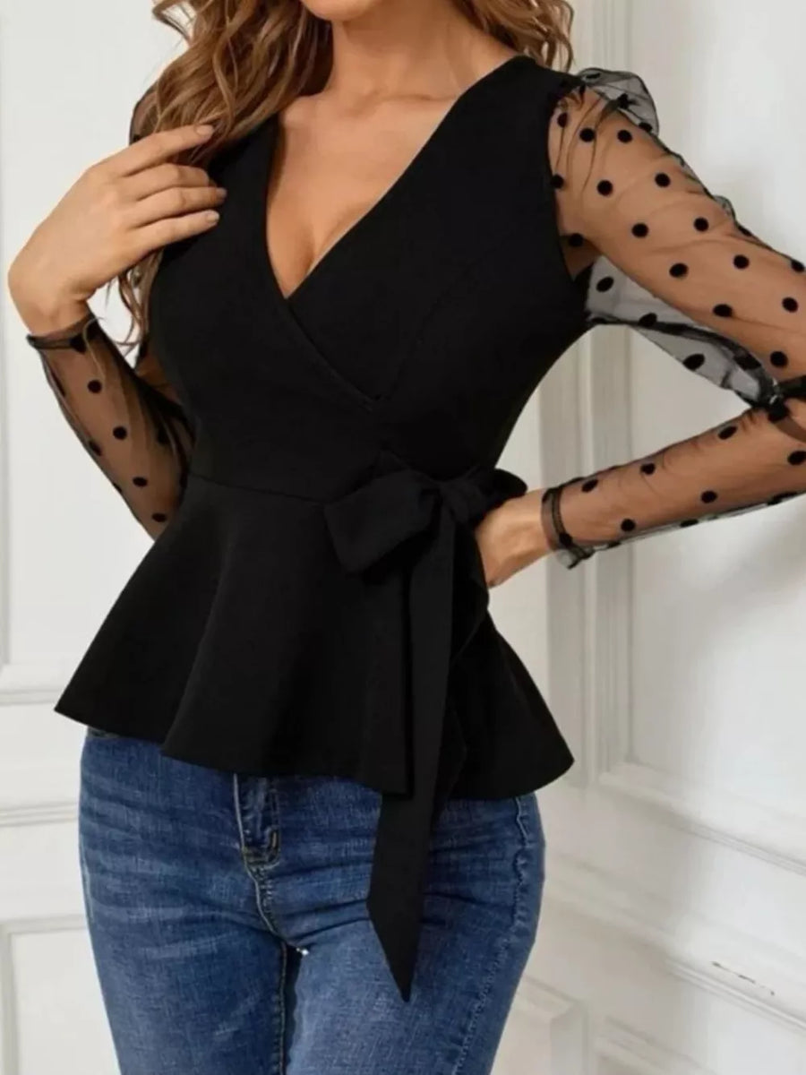 Black with Polka Dot Mesh Sleeve Wrap Top