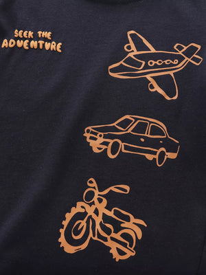 Navy toddler t-shirt with airplane, car, and motorcycle graphics and "Seek the Adventure" text.