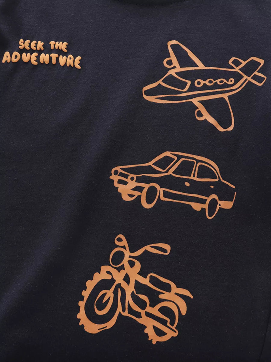 Navy toddler t-shirt with airplane, car, and motorcycle graphics and "Seek the Adventure" text.
