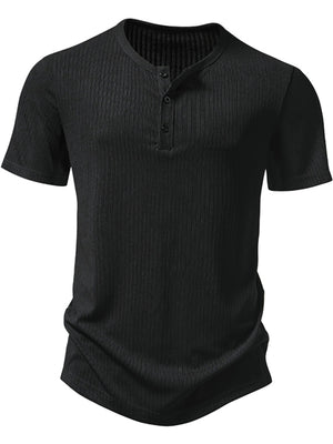 Men's black ribbed short sleeve henley t-shirt with button placket.