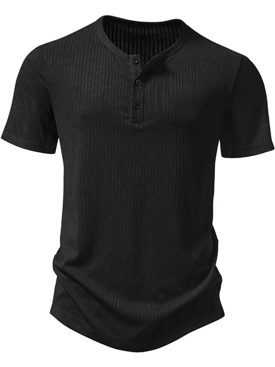 Men's black ribbed short sleeve henley t-shirt with button placket.