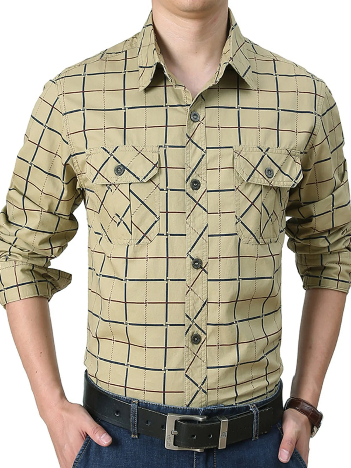 Plus-size casual long-sleeve shirt in Khakis plaid with buttoned chest pockets.
