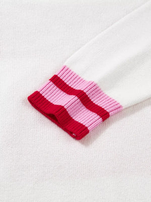 White sweater with striped cuffs in pink and red
