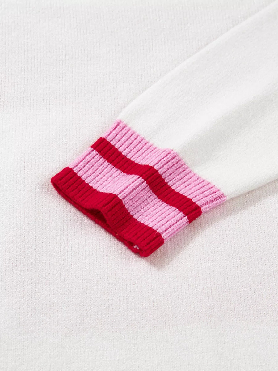 White sweater with striped cuffs in pink and red