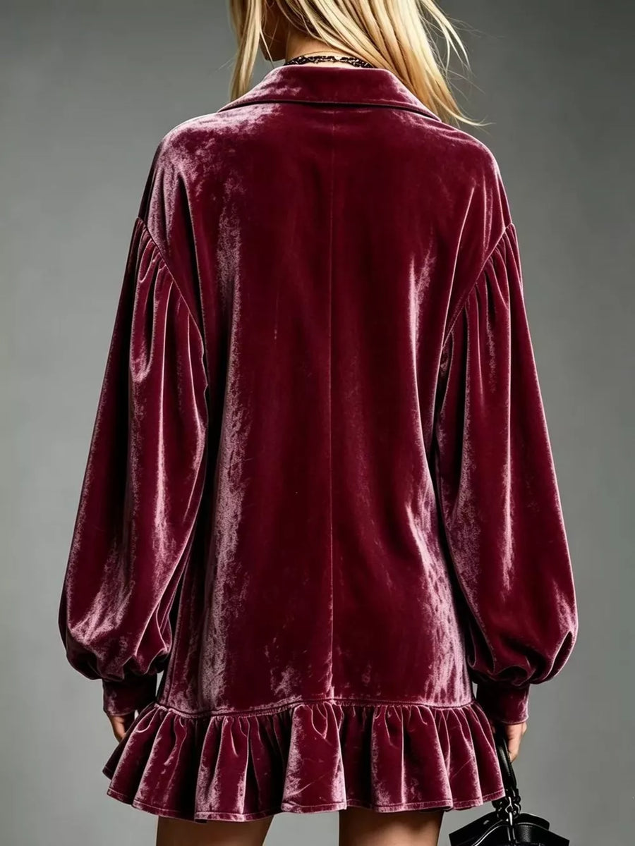 Velvet Ruffled Hem Long Sleeve Mini Dress Plus Size in Brown