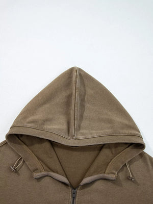 Mineral wash coffee brown hooded sweatshirt with half zip and drawstring details.