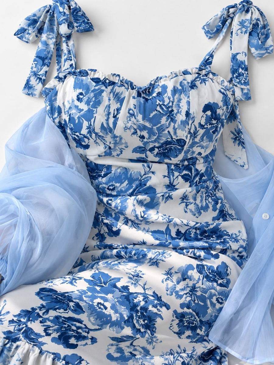 midi dress in Blue with floral and adjustable straps