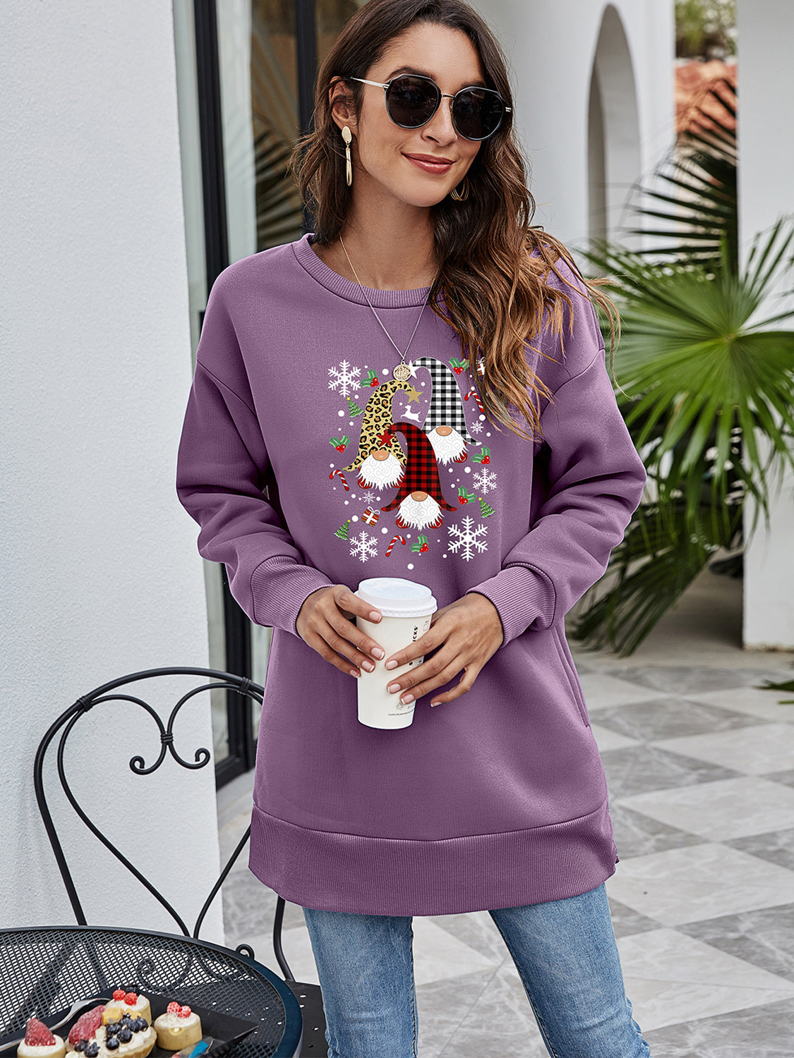 Dusty Purple tunic sweatshirt with festive gnome graphic, snowflakes, and candy canes.