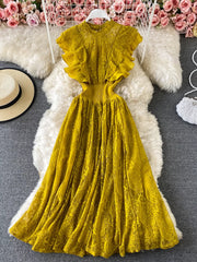 Yellow lace maxi dress with ruffled sleeves and cutout waist