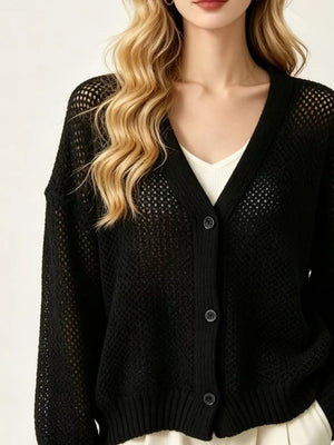 V-neck Open-knit Button-down Cardigan in Beige