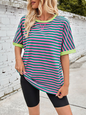 Striped Breton tee with pink and green stripes and lemon trim.