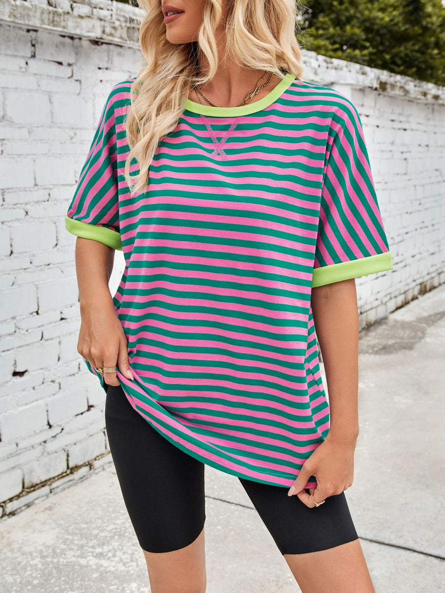 Striped Breton tee with pink and green stripes and lemon trim.