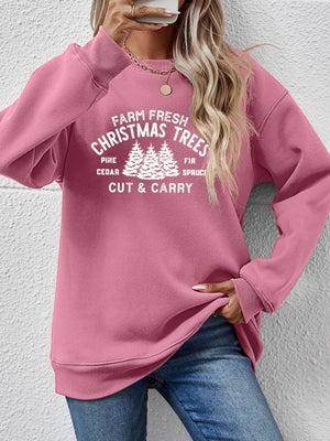 Graphic print crewneck sweatshirt in Blush Pink with a Christmas trees design.