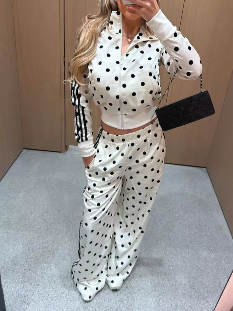 Polka Dot Zip Up Outerwear And Pants Set in Black
