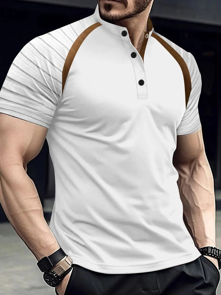 White polo with brown contrast raglan sleeves and striped detail, mandarin collar.