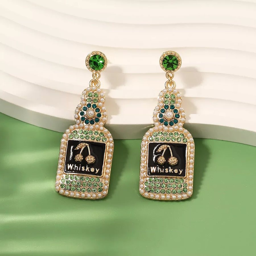Synthetic Pearl, 18K Gold-Plated, Resin, Zinc alloy, Rhinestone Care instruction earrings in emerald green with straight