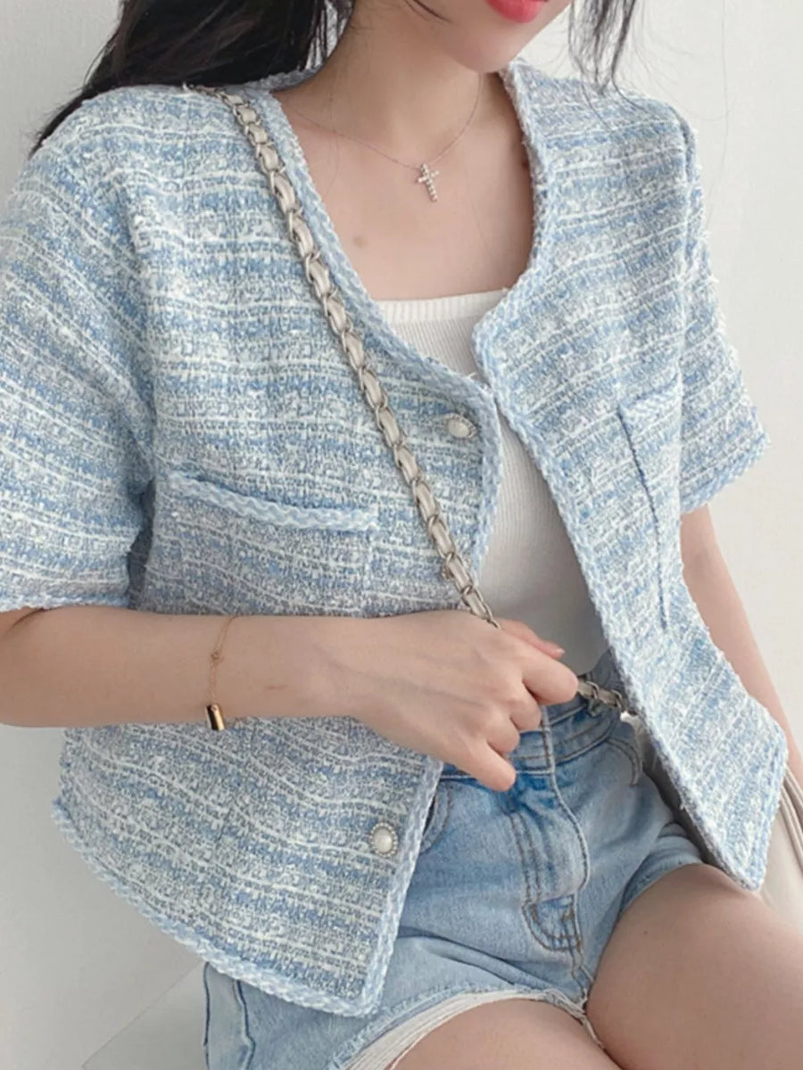 Black Pearl Button Short Sleeve Tweed Jacket