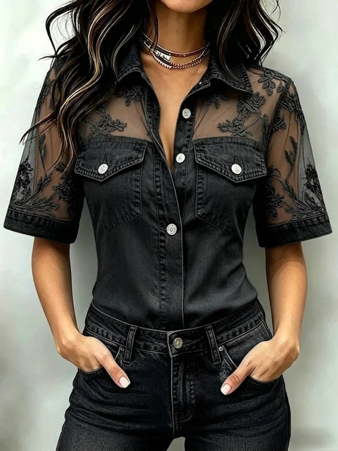 blouse in Dark Gray with floral and buttoned