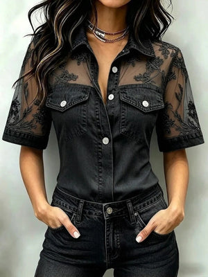 blouse in Dark Gray with floral and buttoned