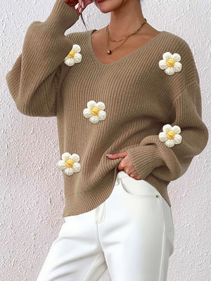 Floral Applique V-Neck Sweater in Orange