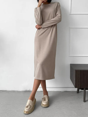 ivory straight midi dress with round neck